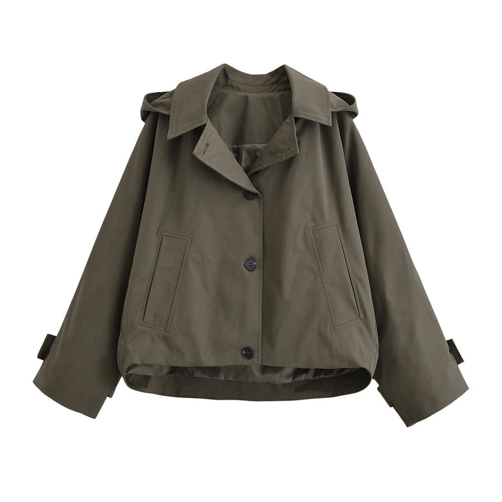 Ladies short trench coat in boxy cut with notch collar and piped patch pockets