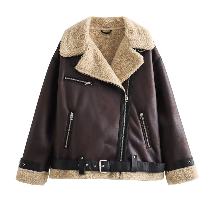 Ladies aviator jacket in biker style with teddy lining, faux leather trim and waist belt
