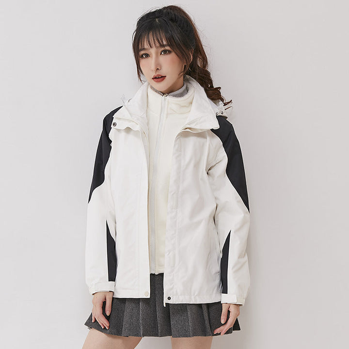 Women double-layer outdoor jacket with removable fleece inner jacket and windproof membrane