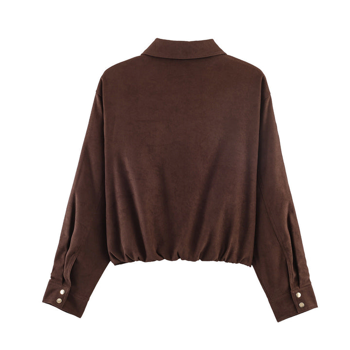 Women’s short-cut suede look bomber jacket with zip, elastic hem and diagonal side pockets