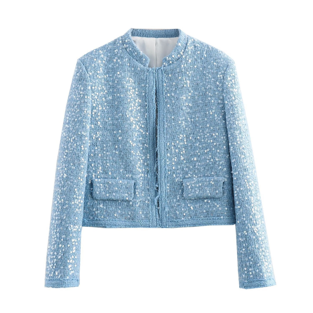 Women Short Cropped Boucle Tweed Jacket with Sequin Trim and Flap Pockets