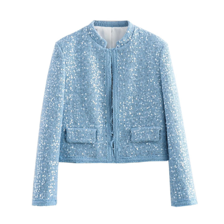 Women Short Cropped Boucle Tweed Jacket with Sequin Trim and Flap Pockets