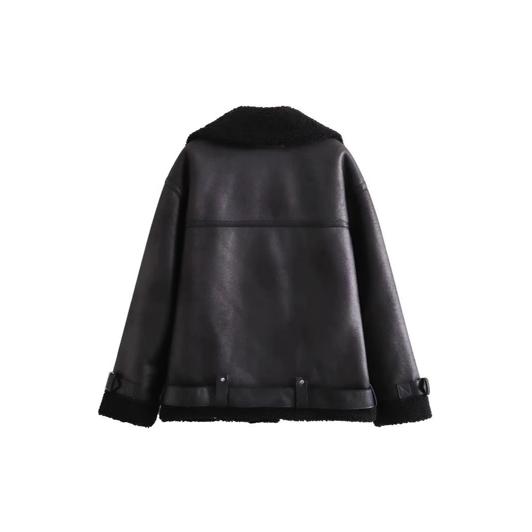 Ladies aviator jacket in biker style with teddy lining, faux leather trim and waist belt
