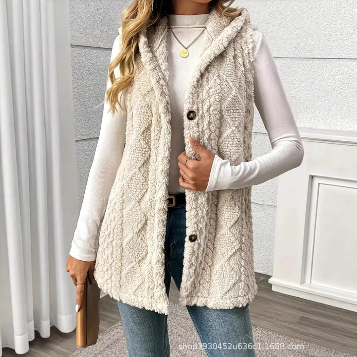 Women Fleece Lined Teddy Vest with Hood and Button Closure
