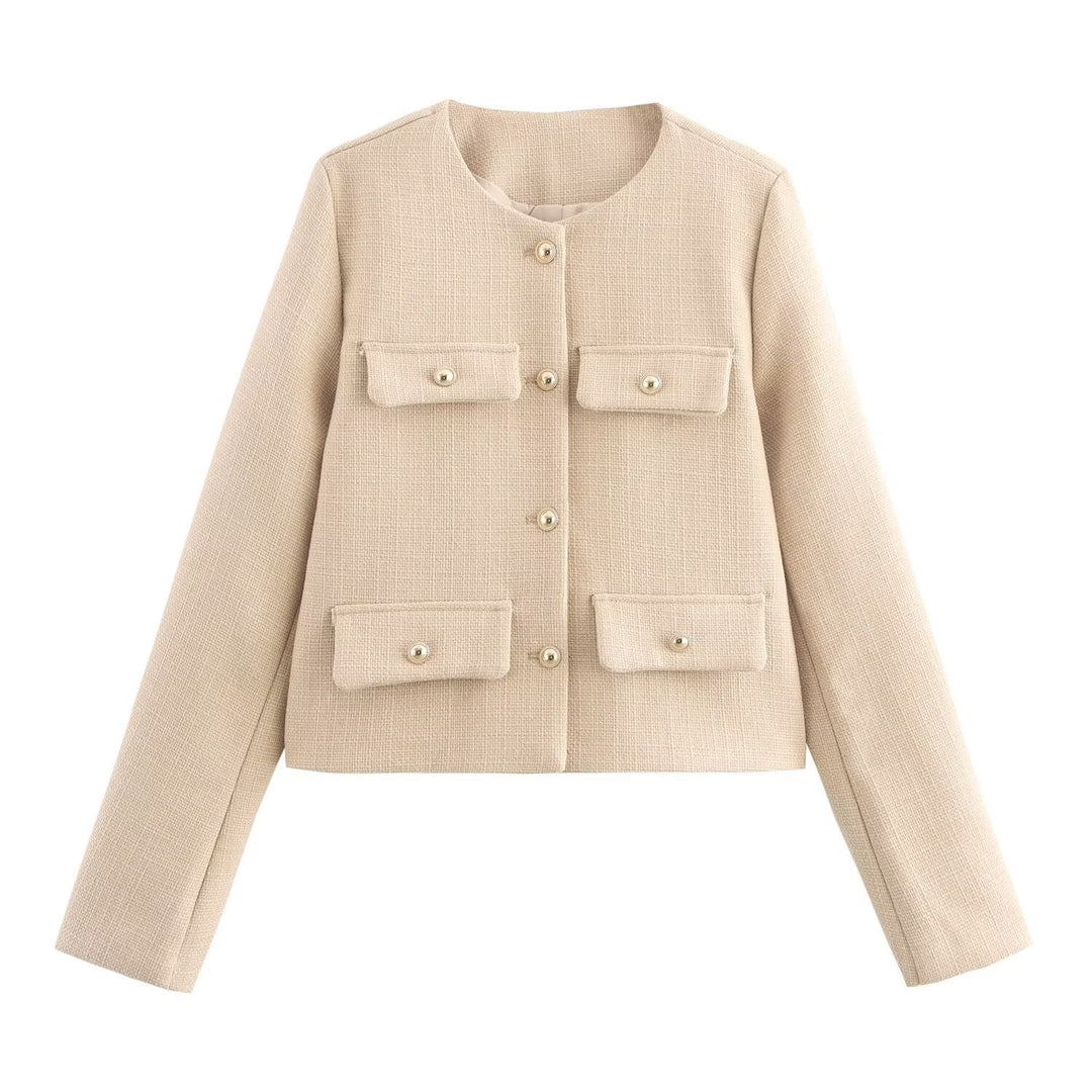 Women Short Boucle Blazer Jacket with Round Neck, Decorative Pocket Flaps, and Gold-colored Buttons