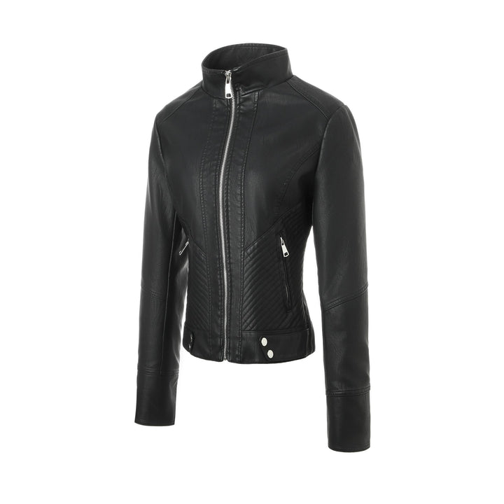 Ladies Slim Real Leather Jacket with Standing Collar, Quilted Panels and Zip