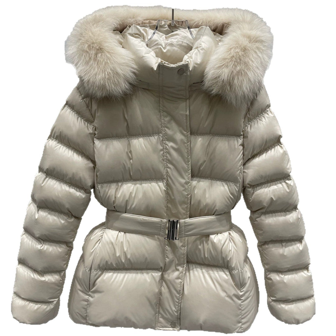 Women Tailored Quilted Puffer Jacket with Belt, High Collar and Removable Fur Trim