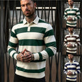 Men's striped rugby polo sweater with button placket and ribbed cuffs