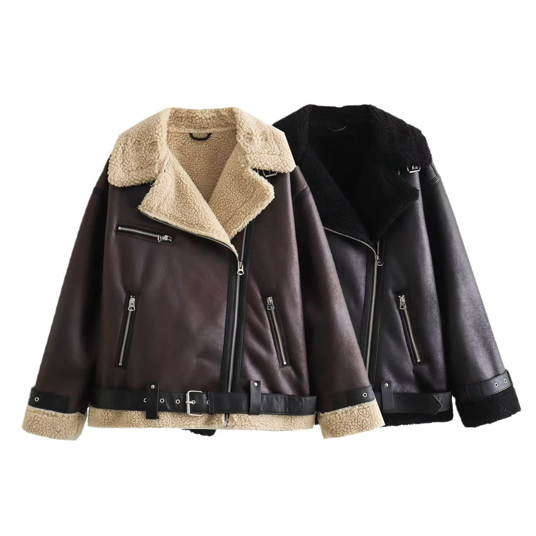 Ladies aviator jacket in biker style with teddy lining, faux leather trim and waist belt