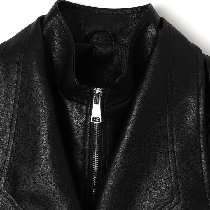 Women leather jacket with wide shawl collar, gathered waist area and balloon sleeves