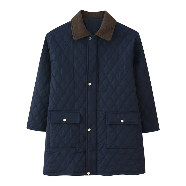 Women’s quilted coat with cord collar, checkered quilting and patch pockets