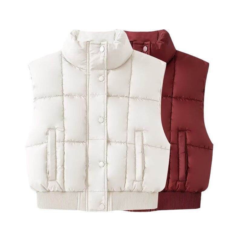 Women Quilted Cropped Puffer Vest with Stand Collar and Ribbed Hem
