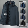 Men's water-repellent urban softshell hooded jacket with lightly padded quilted lining, concealed zip, and elastic cuffs