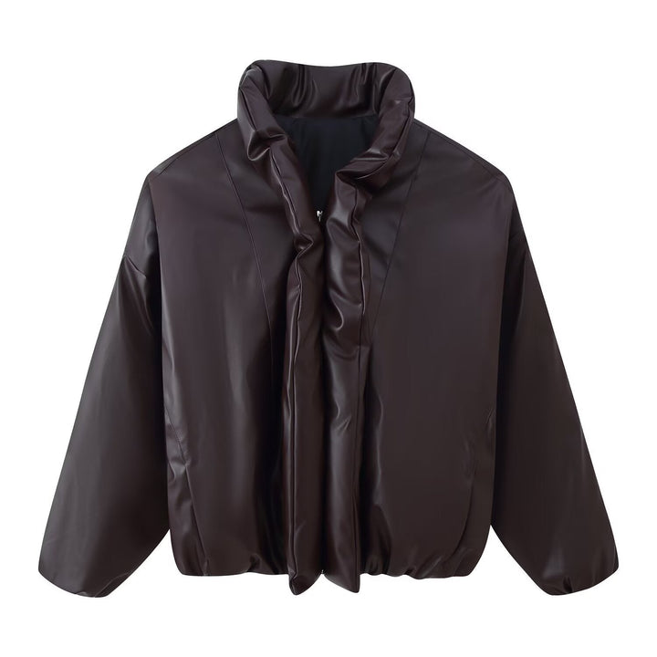 Women Oversized Faux Leather Blouson with Voluminous Stand Collar and Elastic Hem