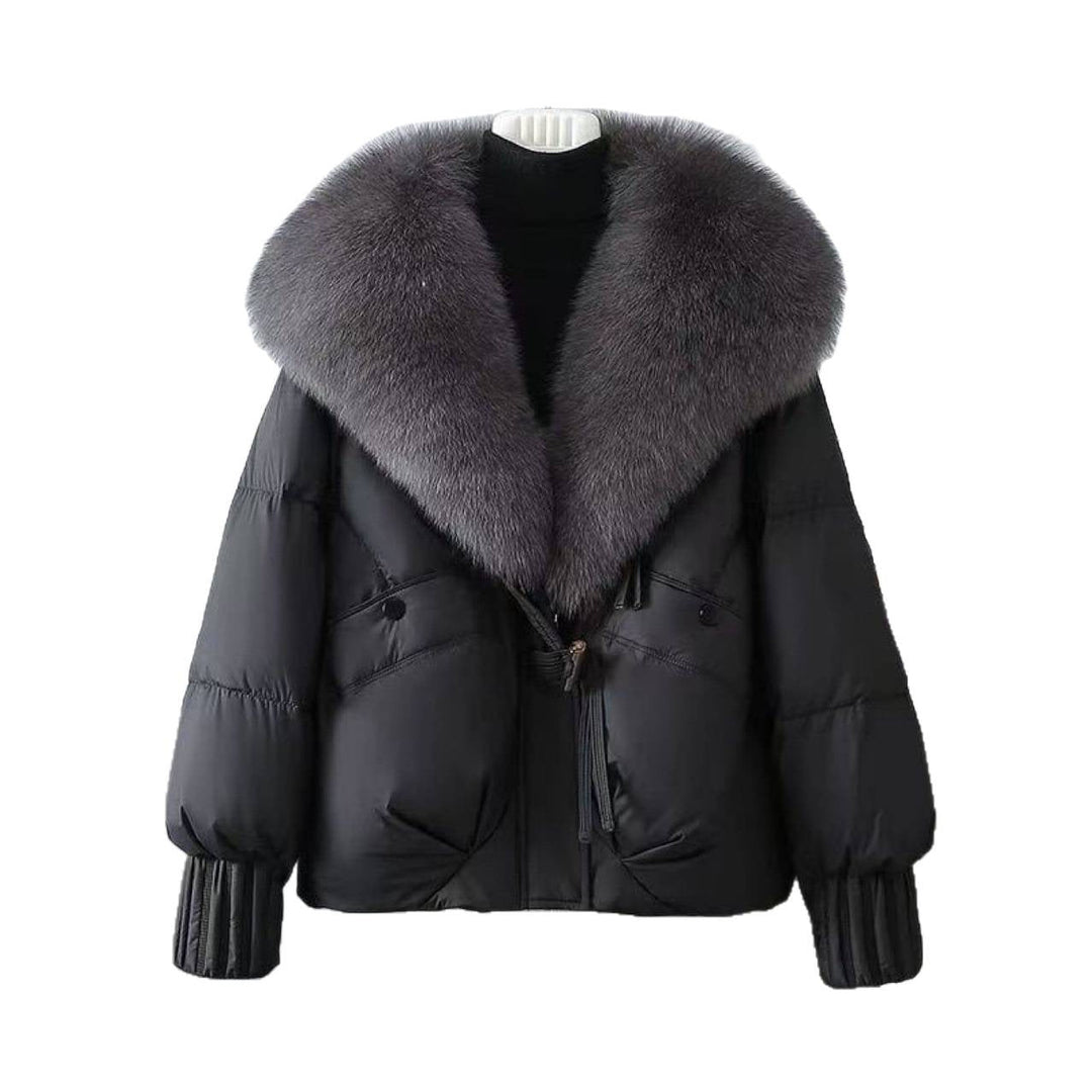 Women nan short padded jacket with voluminous faux fur collar and waist draw