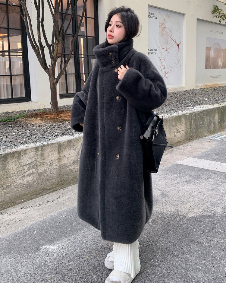 Collar Double Breasted faux mink Fur long coat