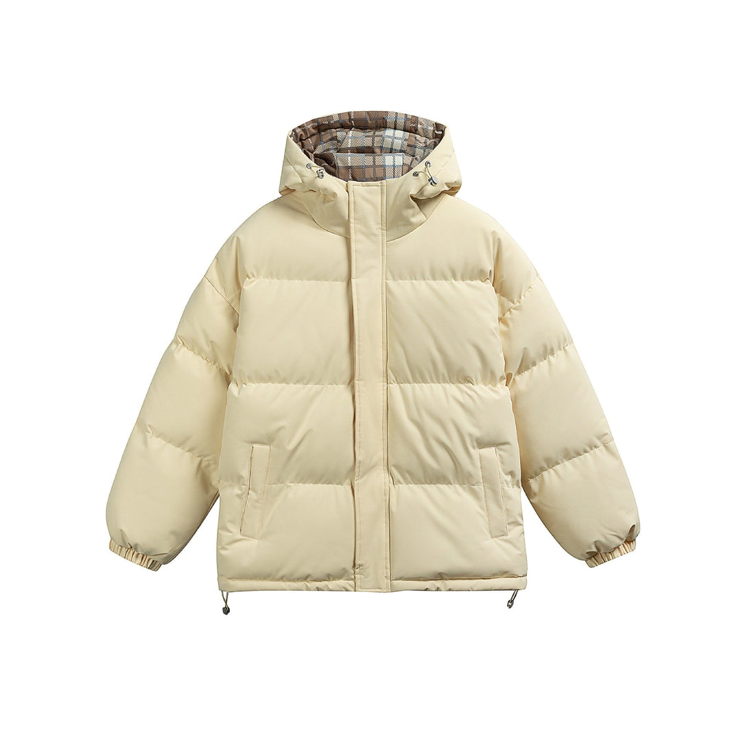 Women Padded Oversize Quilted Jacket with Hood, High Collar and Checked Lining