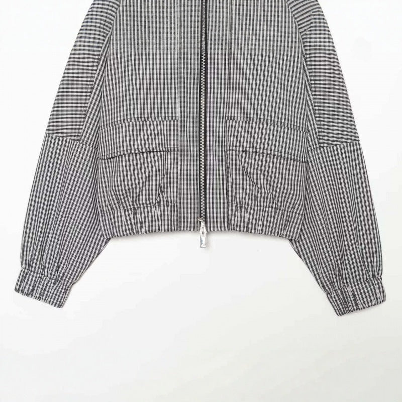 Women Cropped Boxy Jacket in Vichy Check with Stand Collar and Two-Way Zip