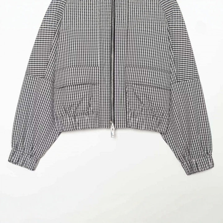 Women Cropped Boxy Jacket in Vichy Check with Stand Collar and Two-Way Zip