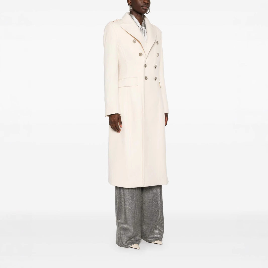 Women Long Double-Breasted Coat made of Wool Blend with High Stand-up Collar and Flap Pockets