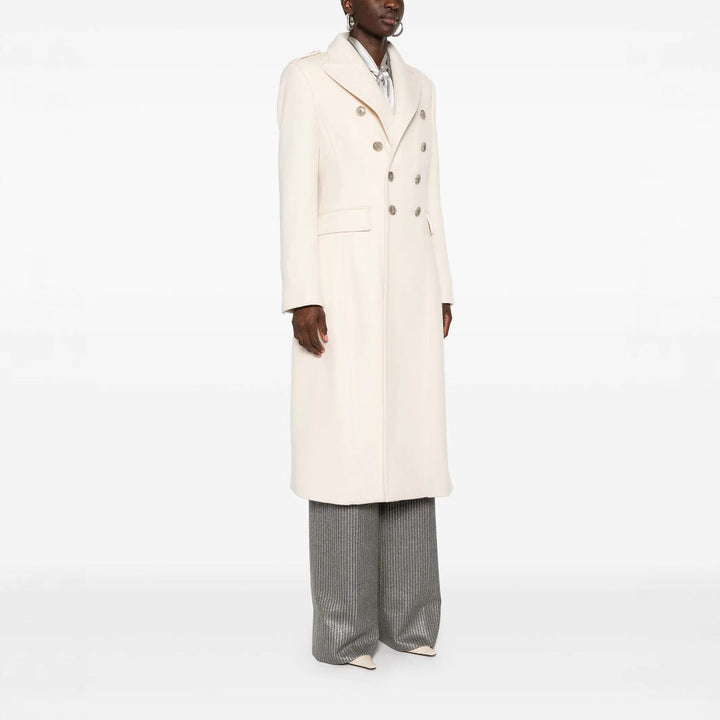 Women Long Double-Breasted Coat made of Wool Blend with High Stand-up Collar and Flap Pockets