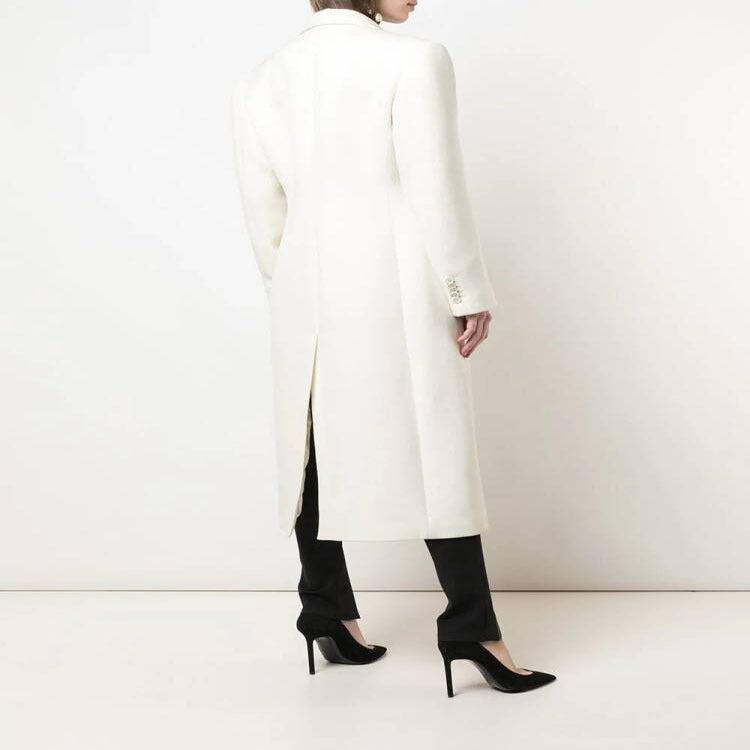 Women Slim fit double-breasted wool blend long coat with distinctive shoulder