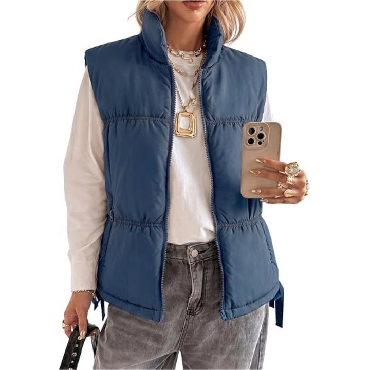 Women’s Padded Sleeveless Vest with Stand-Up Collar and Drawstring