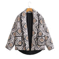 Women's Padded Kimono Quilted Jacket with Ethno Print and Contrast Piping
