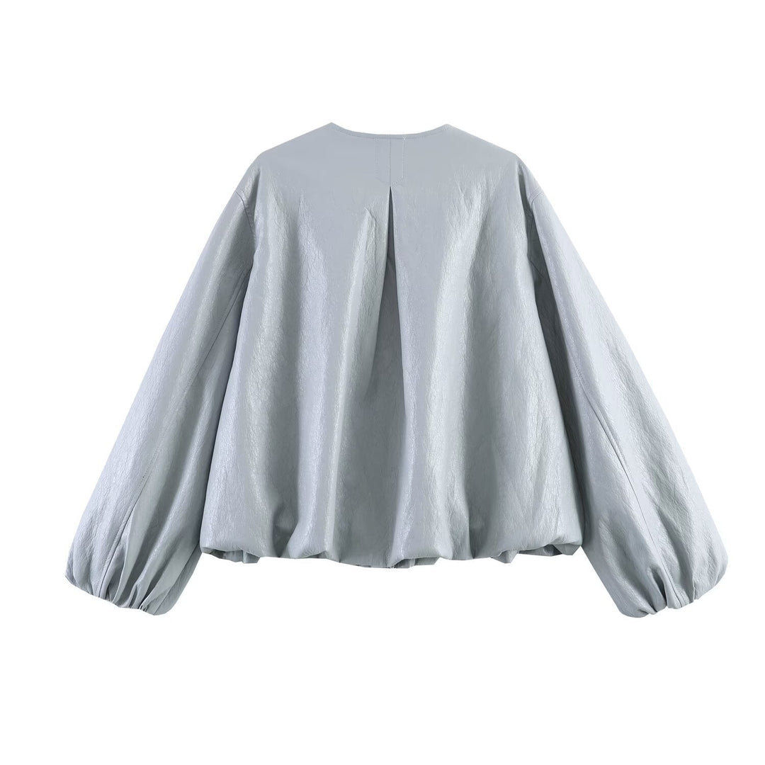 Women Oversize Faux Leather Jacket with Round Neck, Gathered Yoke and Balloon Sleeves