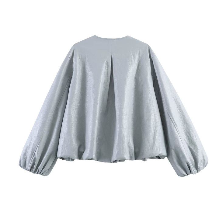 Women Oversize Faux Leather Jacket with Round Neck, Gathered Yoke and Balloon Sleeves