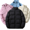 Women's Short Cut Thermal Puffer Jacket with Stand-Up Collar and Minimalist Zip Front