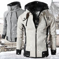 Men's tailored hooded jacket with high stand-up collar, double zip and contrasting side inserts