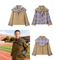 Women's short jacket in trench-cape mix with checked shawl collar bow