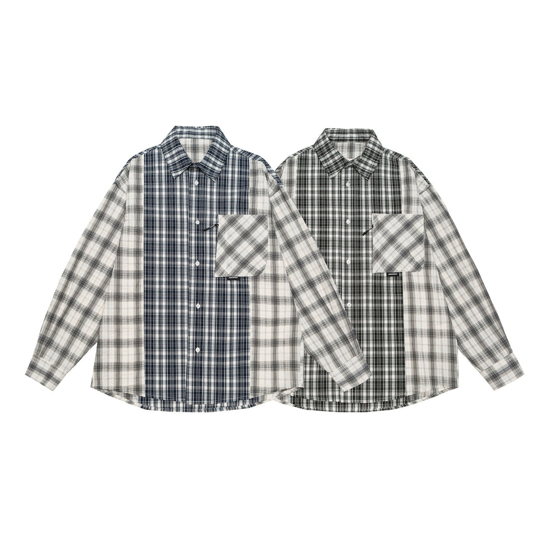 Unisex Oversized Shirt Jacket with Patchwork Check Pattern and Rounded Hem