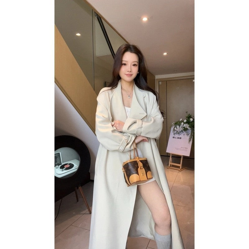 Women’s Maxi Trench Coat with Waterfall Collar and Gathered Sleeves