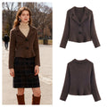 Women's short tailored wool look jacket with lapel collar and decorative floral buttons