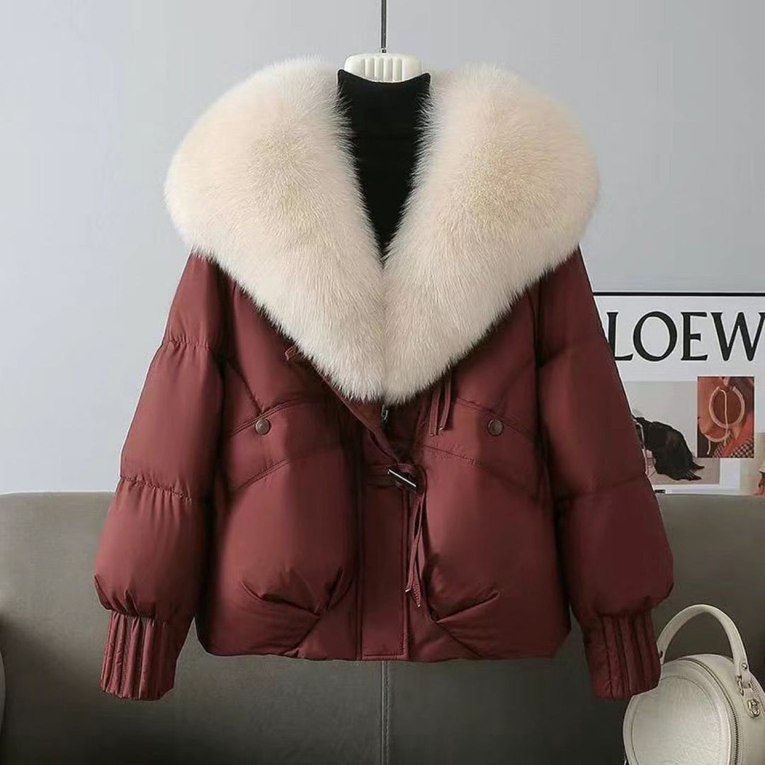 Women nan short padded jacket with voluminous faux fur collar and waist draw