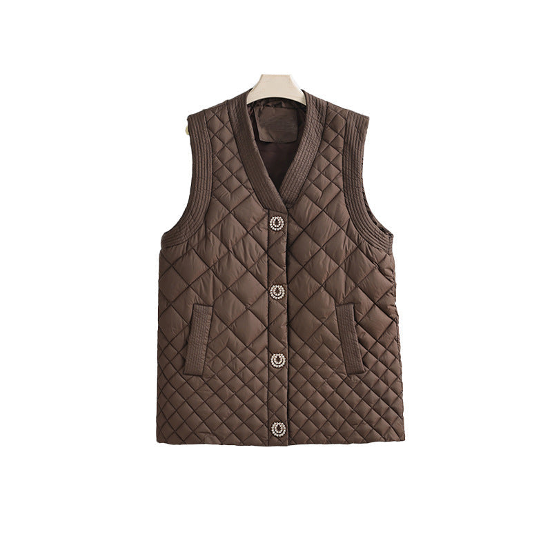 Ladies nano quilted vest with decorative buttons and V-neck