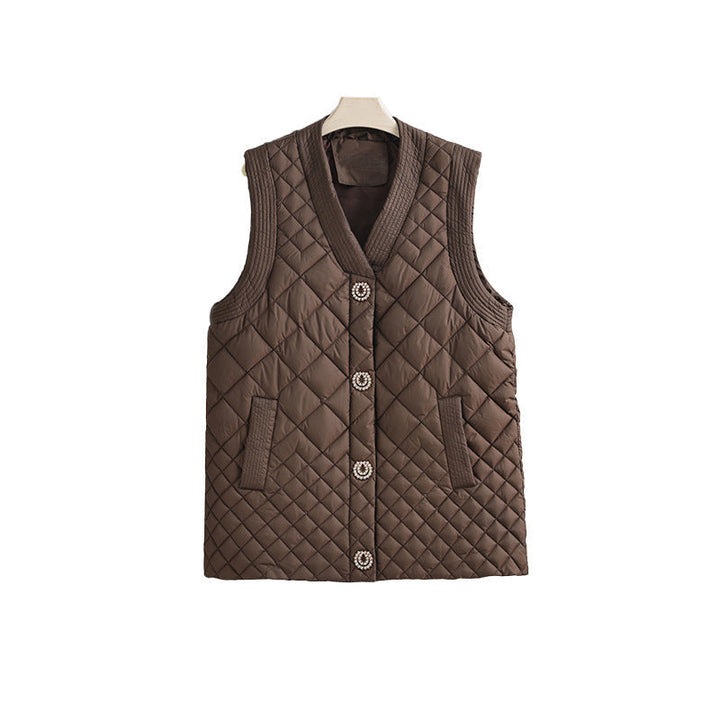 Ladies nano quilted vest with decorative buttons and V-neck