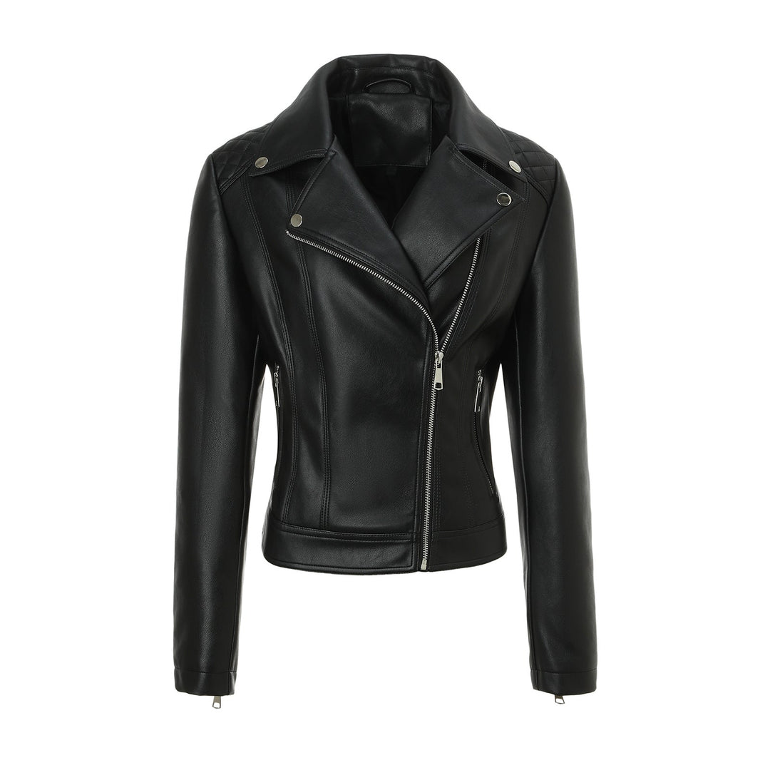 Women Tailored Biker Leather Jacket with Quilted Shoulders