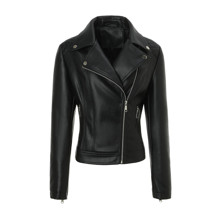 Women Tailored Biker Leather Jacket with Quilted Shoulders