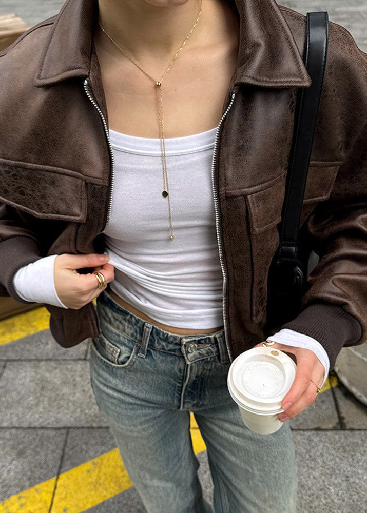 Distressed faux leather zip jacket