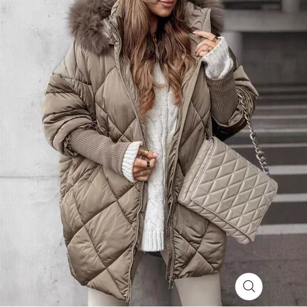Women longer quilted winter parka with large hood and faux fur trim