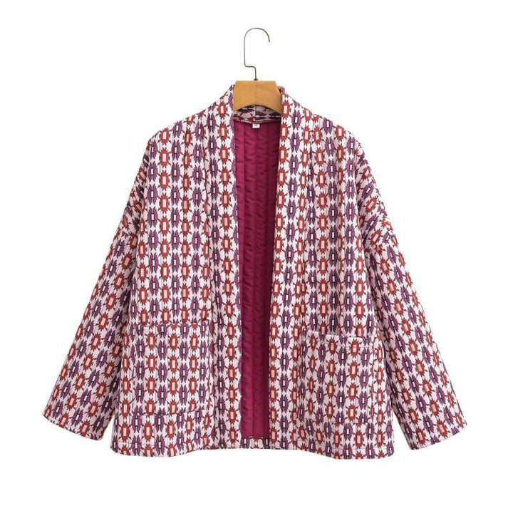Women Patterned Quilted Kimono Jacket with Patch Pockets