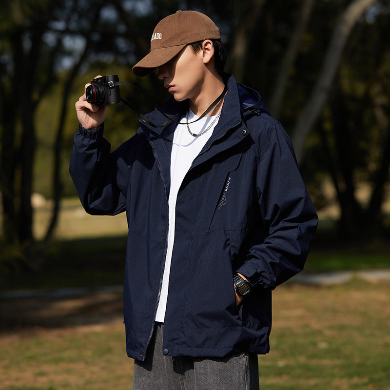 Women two-layer water-repellent outdoor jacket with hood, waist adjustment and contrast piping