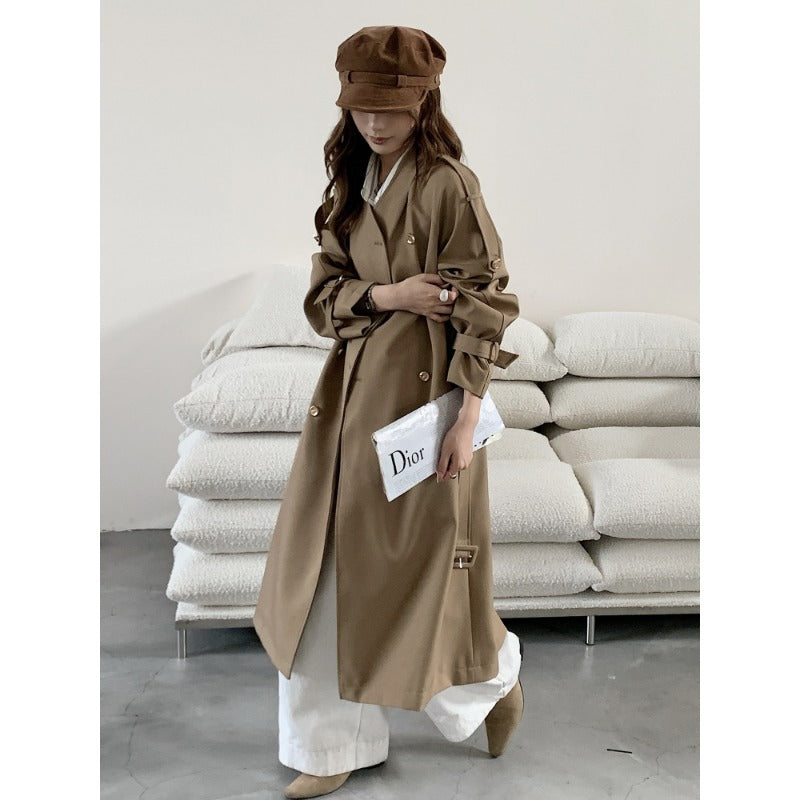 Women Long Cut Trench Coat with Double-Breasted Button Placket and Adjustable Sleeve Straps