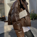 Women's Padded Short Faux Leather Quilted Jacket with Stand Collar