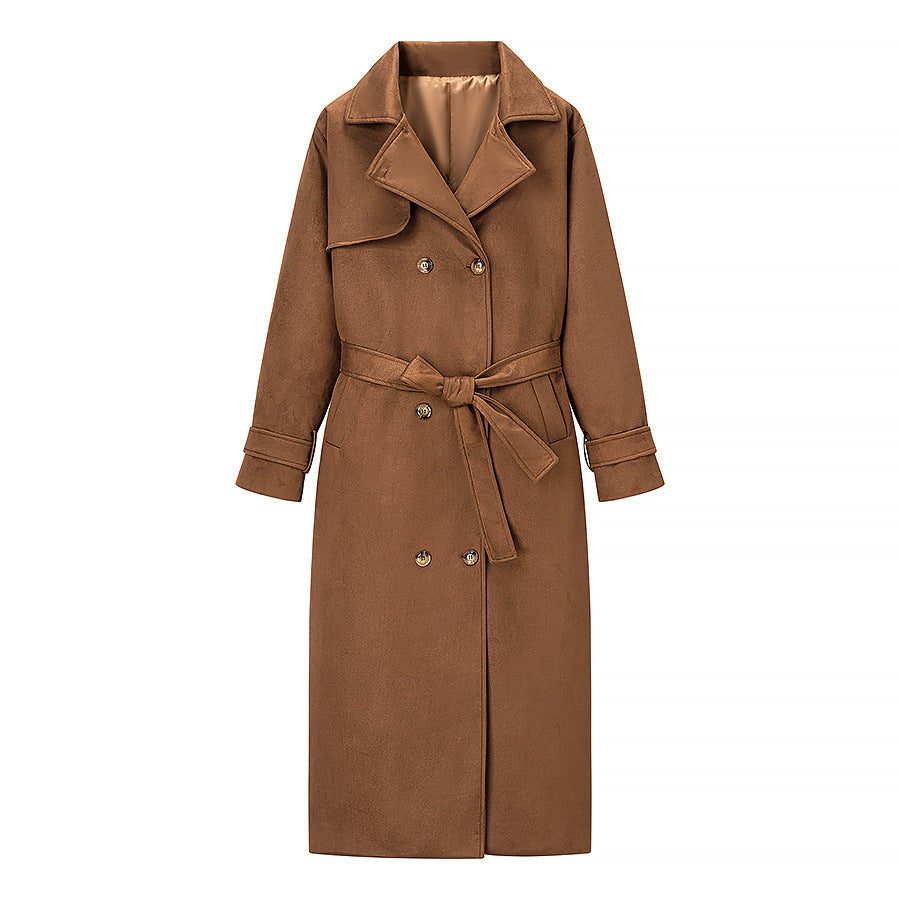 Women Long Double-breasted Coat in Trench Coat Style with Waist Belt and Sleeve Tabs