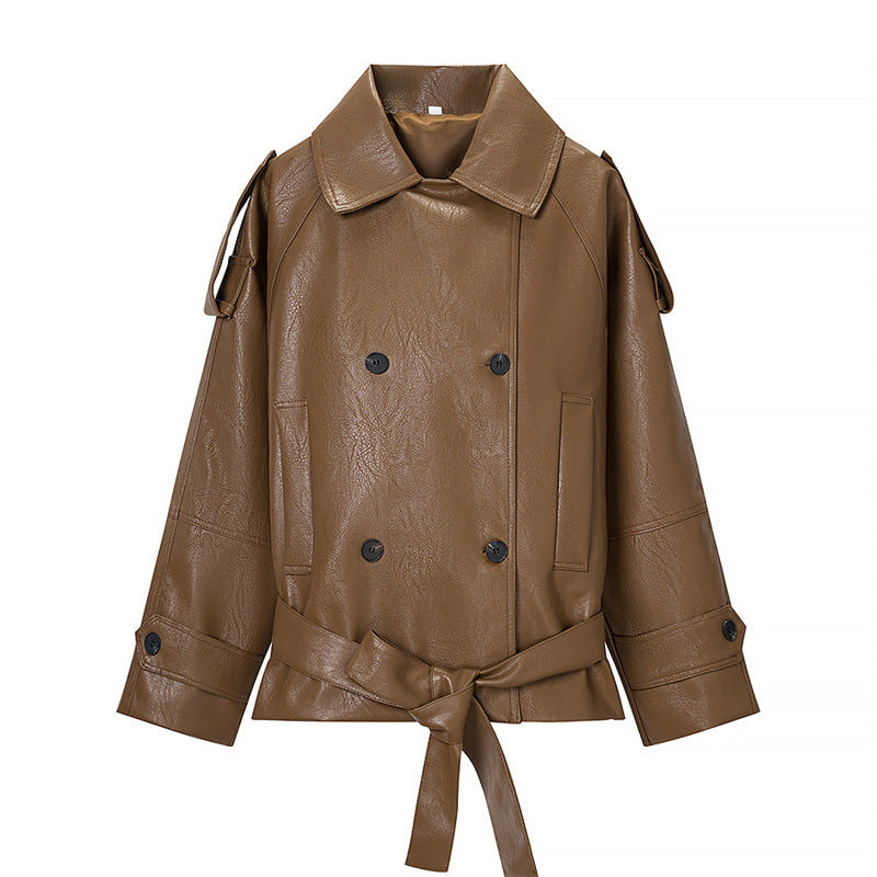 Women Cropped Faux Leather Trench Coat with Waist Belt, Double Breasted and Epaulettes