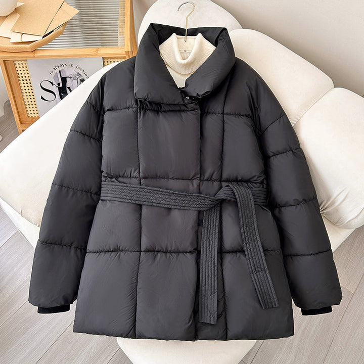 Women nan tailored padded jacket with wide stand-up collar, quilted tie belt and ribbed cuffs